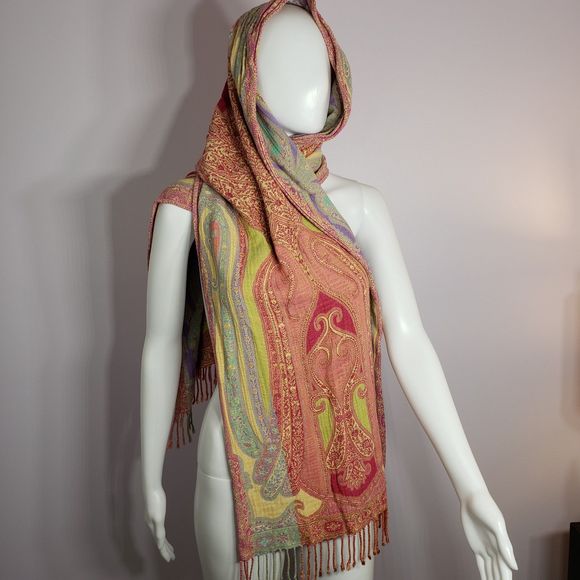 Very Colorful & Versatile Paisley Print 71" x 17" Scarf with 2.5" Tassels - Picture 12 of 16